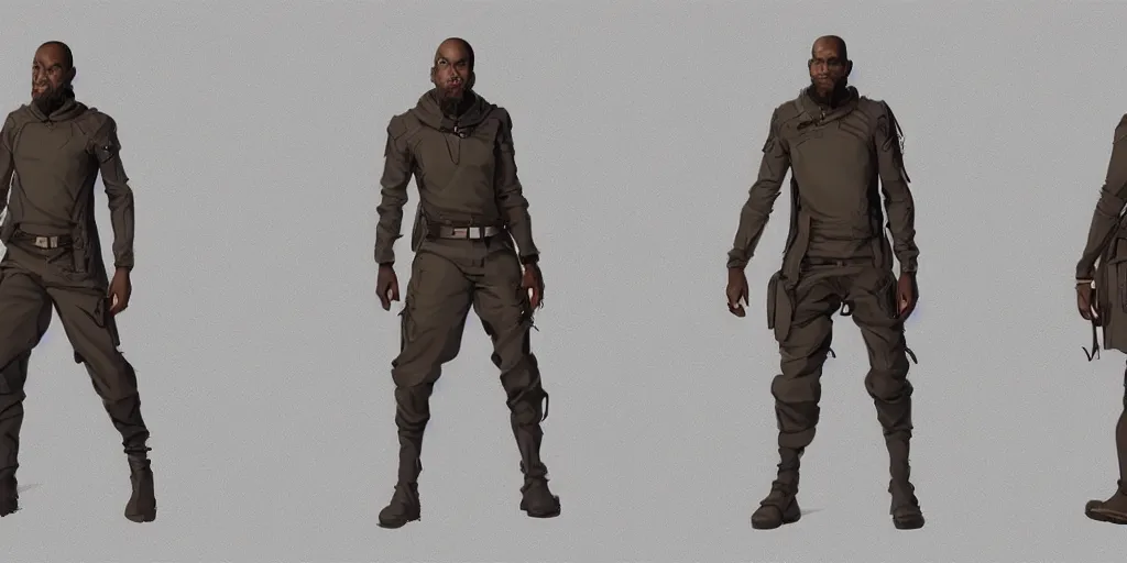 Image similar to african man, sci-fi, techwear, character concept, character reference sheet, front and side views, by Makoto Shinkai, Stanley Artgerm Lau, WLOP, Rossdraws, James Jean, Andrei Riabovitchev, Marc Simonetti, krenz cushart, Sakimichan, trending on ArtStation, digital art, character design, lou romano color scheme