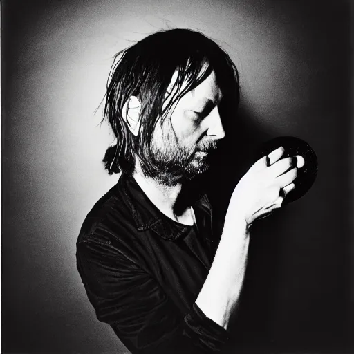 Image similar to Radiohead singer, holding the moon upon a stick, with a beard and a black jacket, a portrait by John E. Berninger, dribble, neo-expressionism, uhd image, studio portrait, 1990s