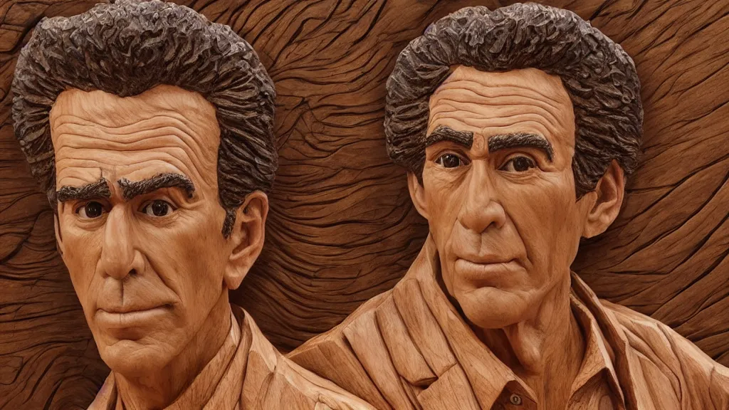 Image similar to a highly detailed, realistic wood carving of Cosmo Kramer, intricate, 8k highly professionally detailed, HDR