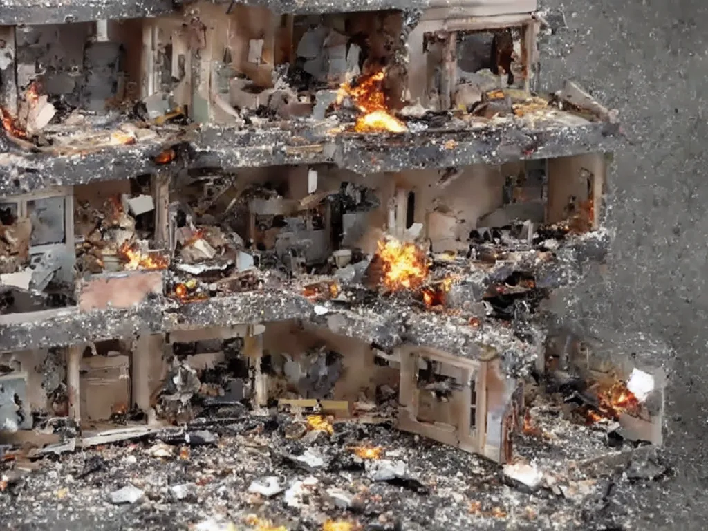 Image similar to a dollhouse exploding, news footage