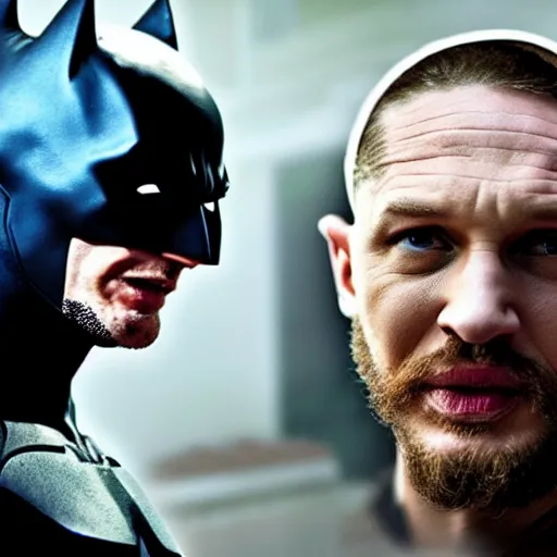 Image similar to Film still of Tom Hardy as Batman from DC (comics), without mask,