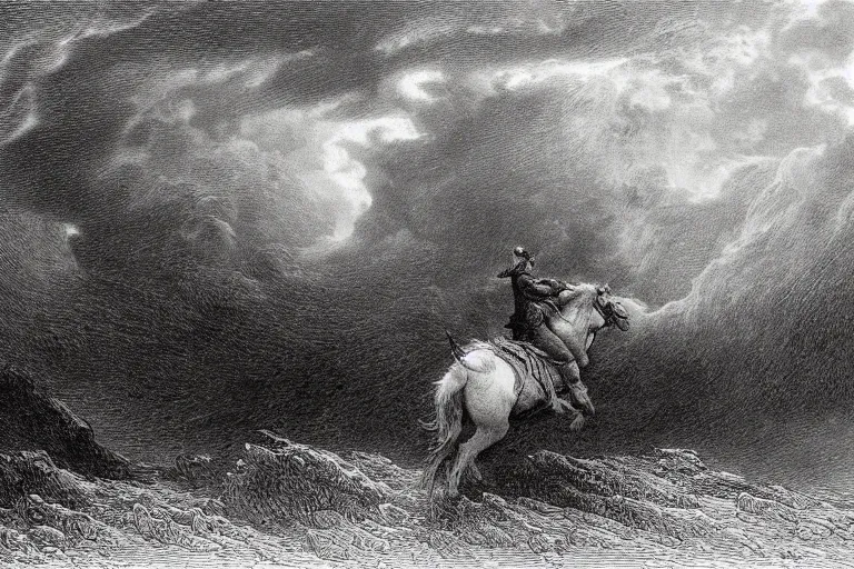 Image similar to A huge rider on a horse rides through epic storm, Gustave Dore lithography