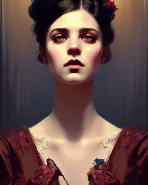 Image similar to stylized portrait by aykutmakut of an artistic pose, composition, young victorian sad fancy lady, surrounded by snakes, cinematic moody colors, realistic shaded, fine details, realistic shaded lighting poster by ilya kuvshinov, magali villeneuve, artgerm, jeremy lipkin and michael garmash and rob rey
