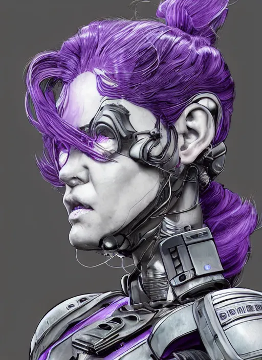 Image similar to close up portrait of a pale woman in sci - fi power armor with purple hair, powerful, domineering, stoic, intense, ultrafine hyperdetailed illustration by kim jung gi, irakli nadar, intricate linework, sharp focus, disco elysium, yoji shinkawa, highly rendered, detailed, concept art