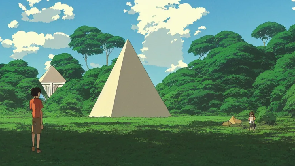 Image similar to a movie still from a studio ghibli film showing several large white pyramids and a golden ufo in the amazon jungle. by studio ghibli