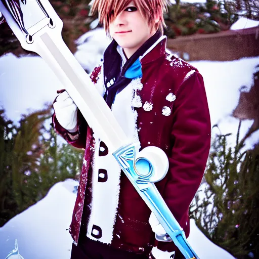 Image similar to of sora cosplay holding keyblade with snow background 35mm