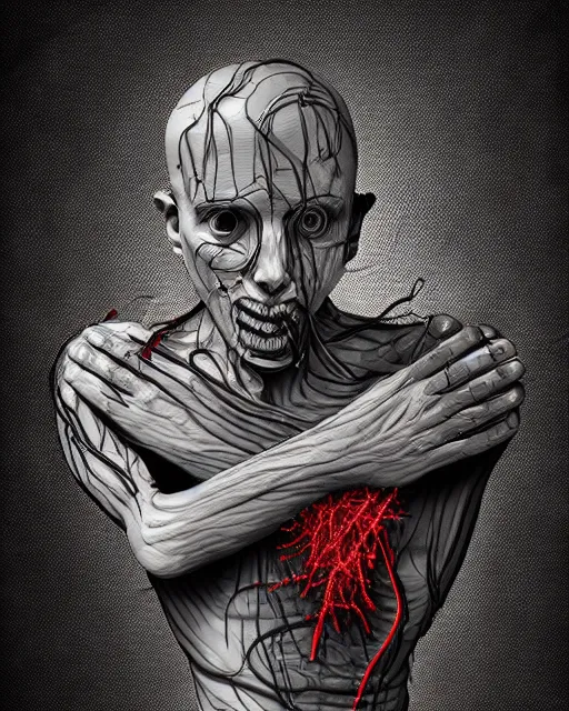 Image similar to a soldier writhing in pain with bloody wires bursting out of their right arm in the style of david cronenberg trending on artstation deviantart pinterest hyper detailed photorealistic highlights and shadow hd 8 k post - processing high resolution