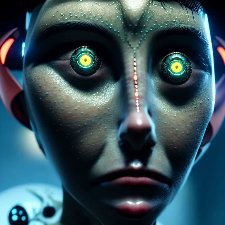 Image similar to ultra realistic beautiful cyborg deity eyes closed, fantasy, intricate details, movie still, highly detailed, photorealistic, octane render, eerie, 8k, art by james clyne and michael welan