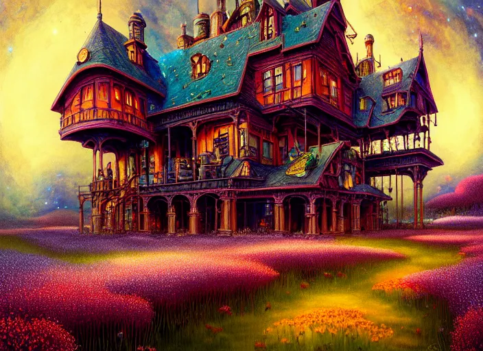 Image similar to a beautiful painting of a large steampunk house shrouded by mystic nebula magic in a field of flowers by moebius and android jones, oil on canvas sharp, details, hyper - detailed, hd, hdr, 4 k, 8 k