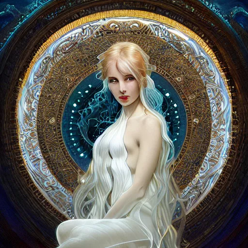 Image similar to a photograpic portrait of a anthropomorphic bioluminescent water wave wearing white clothes, fantasy, intricate, elegant, highly detailed, digital painting, artstation, concept art, smooth, sharp focus, illustration, art by artgerm and h r giger and alphonse mucha