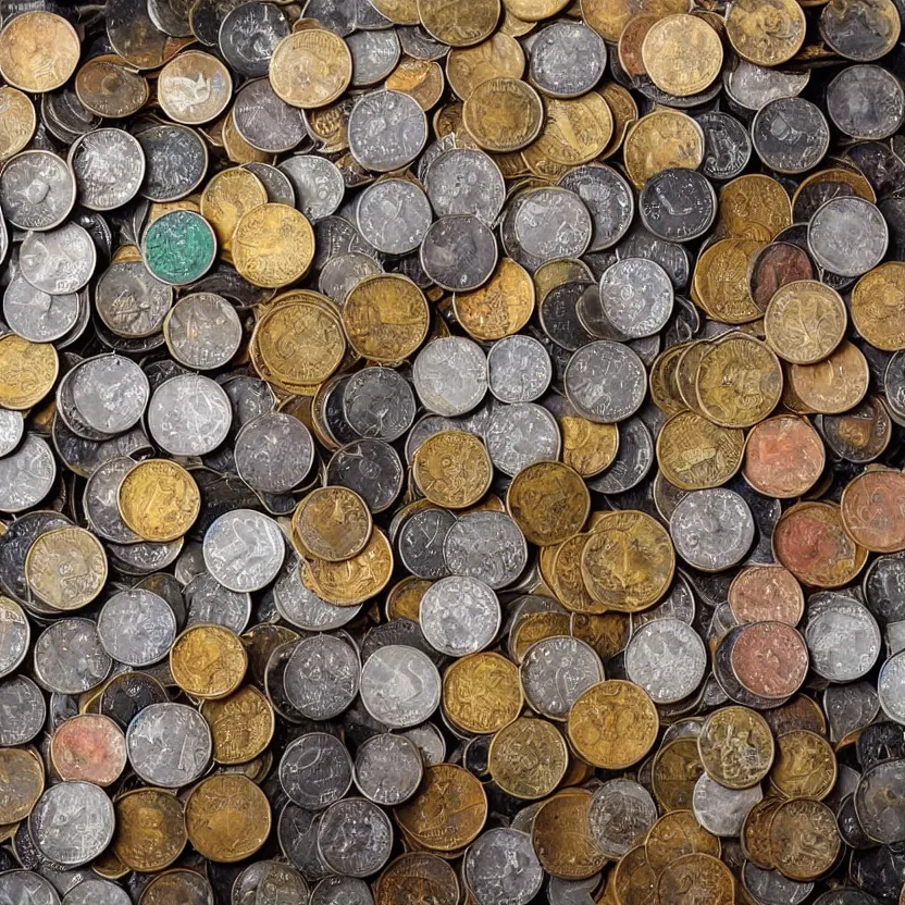 Prompt: a small box filled with rare and valuable coins, various sizes, indoors, photograph