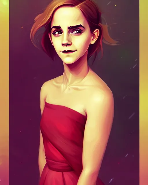 Image similar to a portrait of a beautiful full body Emma Watson smiling, pretty gold and red dress, art by lois van baarle and loish and ross tran and rossdraws and sam yang and samdoesarts and artgerm, digital art, highly detailed, intricate, sharp focus, Trending on Artstation HQ, deviantart, unreal engine 5, 4K UHD image