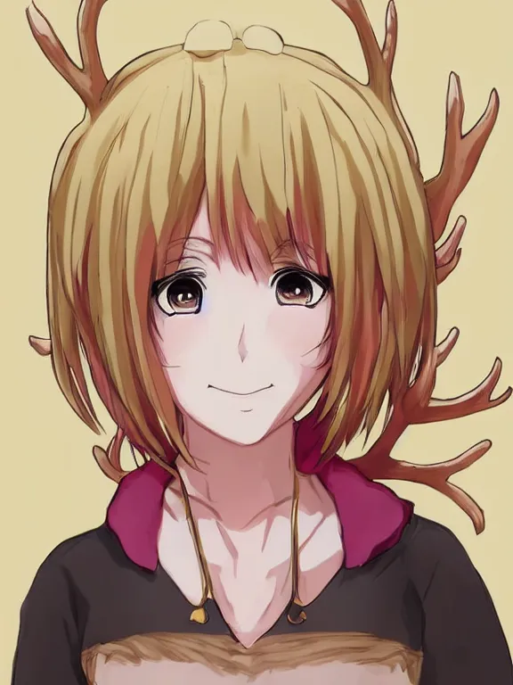 Image similar to Anime portrait of a smiling demi-human, short pink hair, gold and yellow notched antlers, bottom-half goat top-half woman, brown fur, brown tail, trending on artstation