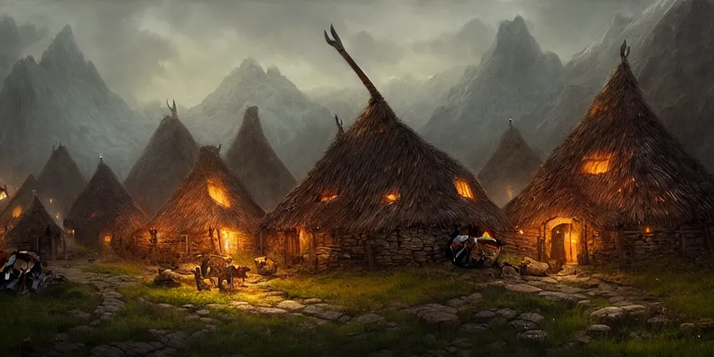 Image similar to beautiful viking village, daytime digital art, landscape, fantasy art, octane render, ureal engine, high detail, very realistic, by greg rutkowski. by james gurney