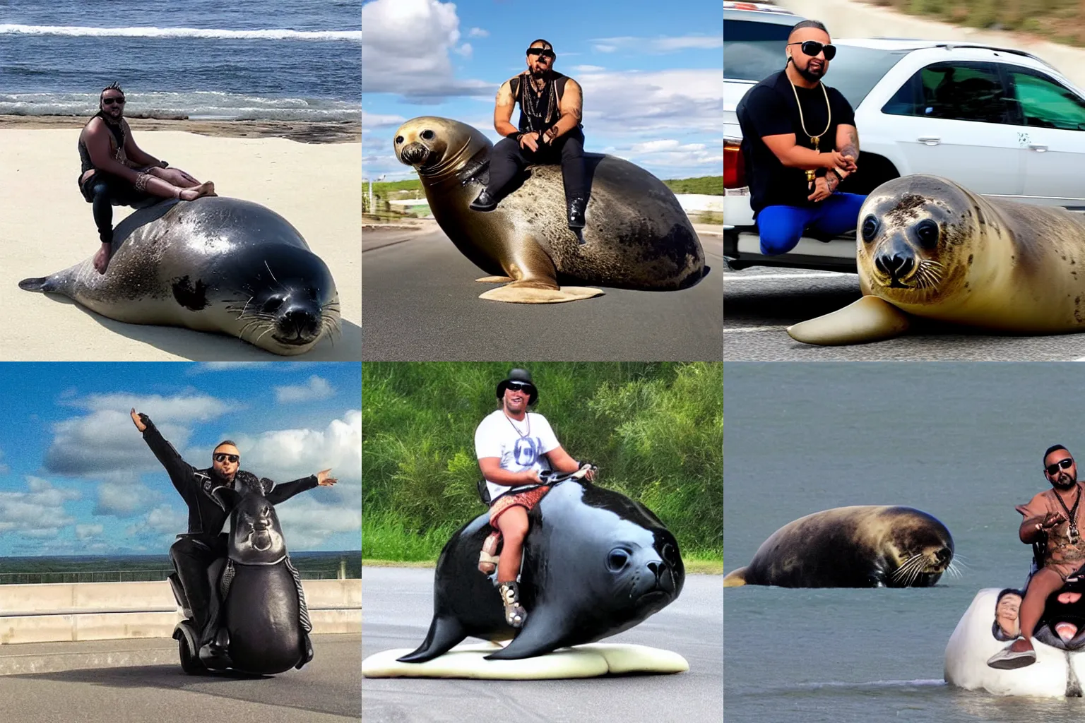 Prompt: sean paul riding a giant seal on the highway