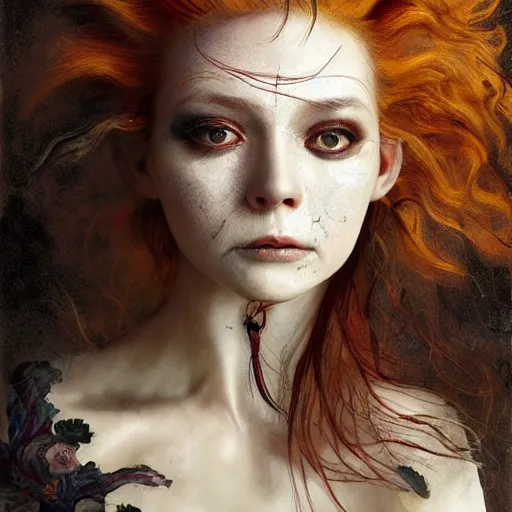 Image similar to portrait of a Shibari rope wrapped face and neck, headshot, insanely nice professional hair style, dramatic hair color, digital painting, of a old 18th century, tourist, witch, amber jewels, baroque, ornate clothing, scifi, realistic, hyper detailed, child, chiaroscuro, concept art, art by Franz Hals and Jon Foster and Ayami Kojima and Amano and Karol Bak,