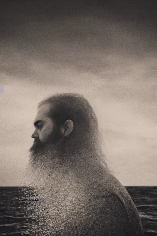 Prompt: a man's face in profile, long beard made of an enormous ocean wave, in the style of the Dutch masters and Gregory crewdson, dark and moody