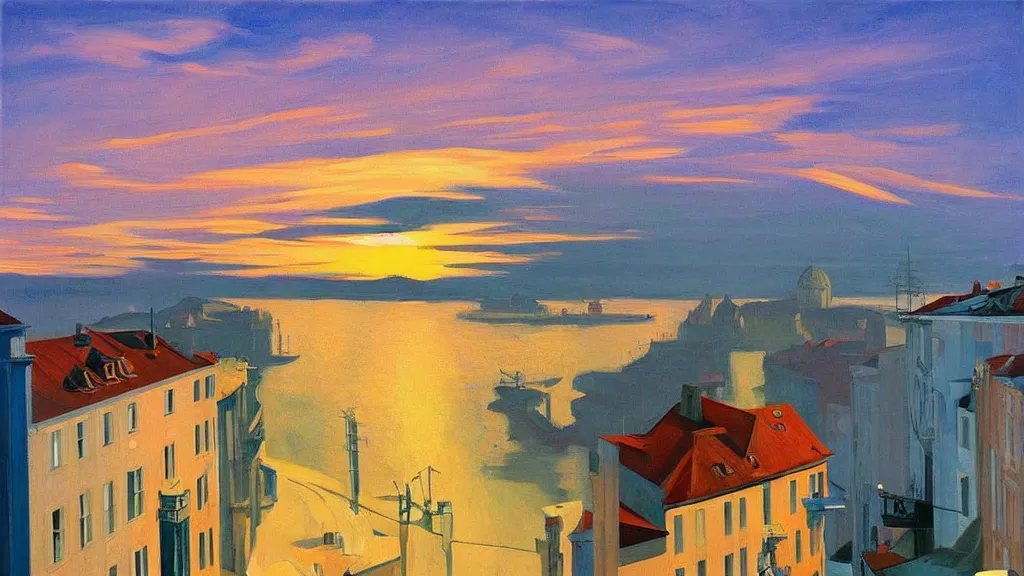 Image similar to street art. paralyzed by the indescribable beauty of the cosmos. amazing view of the sunrise from lisbon. art style by edward hopper daring, incredible