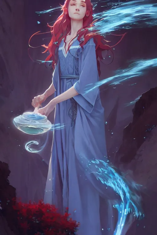 Image similar to elvish female sorcerer doing water magic spells, blue robes, red hair, finely detailed perfect face, exquisite details, mid view, design on a white background, by studio muti, greg rutkowski makoto shinkai takashi takeuchi studio ghibli