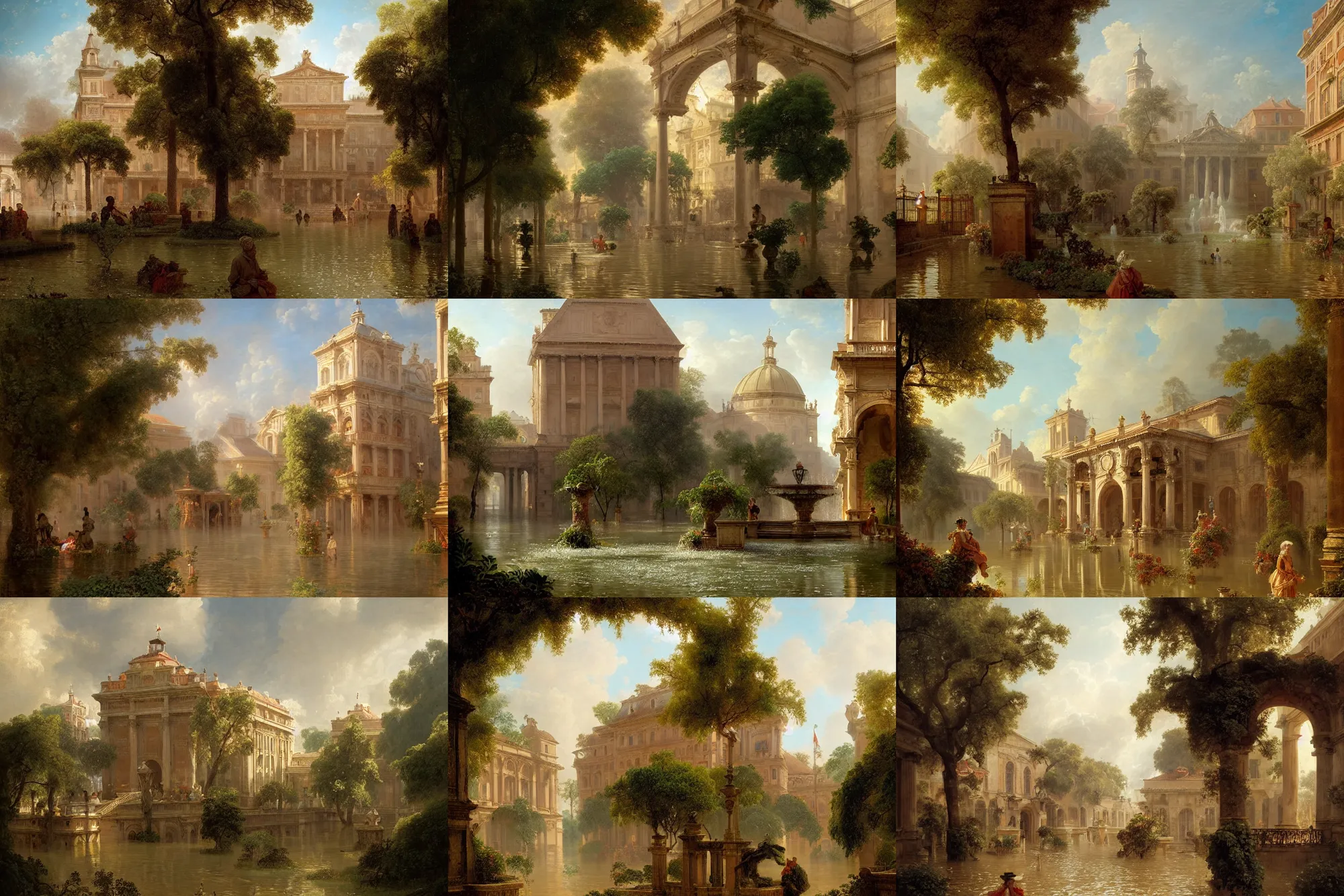 Prompt: colonial fountains of water flooding a town square, stoic, archways made of lush greenery, light dust, magnificent, hyperdetailed, theatrical, close up, masterpiece, painted by jean honore fragonard and greg rutkowski