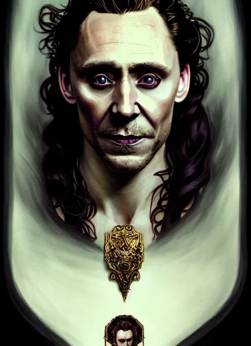 Image similar to portrait of tom hiddleston as a vampire lord, jewelry, intricate, headshot, highly detailed, digital painting, artstation, concept art, sharp focus, cinematic lighting, illustration, art by artgerm and greg rutkowski, alphonse mucha, cgsociety