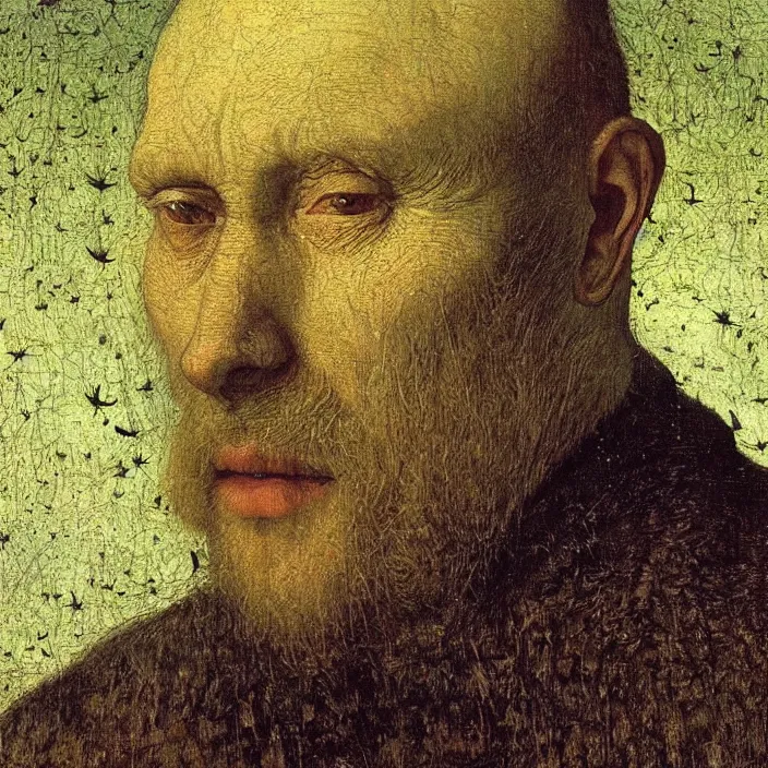 Prompt: close up portrait of a dying old man with his head underwater. night with fireflies. jan van eyck