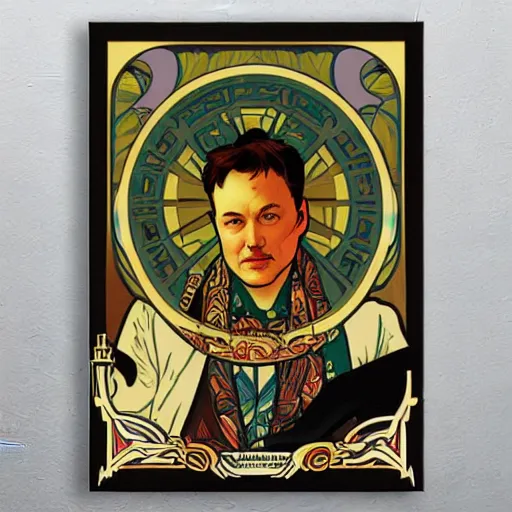 Prompt: “Art Nouveau poster of elon musk in style of Alphonse Mucha”