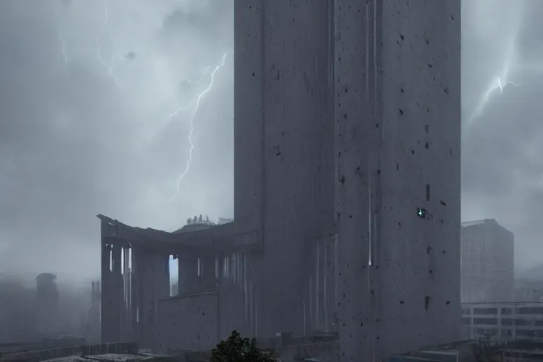 Image similar to a towering cathedral of brutalist architecture, metal, concrete, mist, rain, night, dramatic lighting, lightning bolt, trending on Artstation, 8k, photorealistic, hyper detailed, unreal engine 5, IMAX quality, cinematic, epic lighting, in the style of Greg Rutkowski