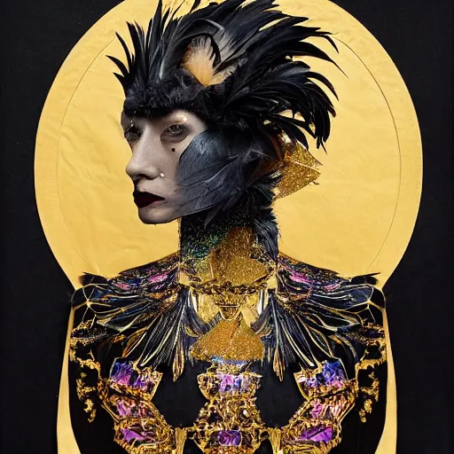 Image similar to a breathtaking portrait of a fierce proud queen of ravens, in a black dress with a collar made of iridescent feathers and golden adornments, geometrical background, gold foil, intricate details, by soey milk and amir ershadi and anja millen