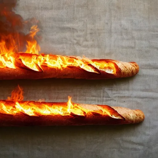 Prompt: a baguette on fire