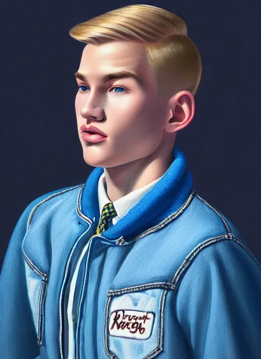 Image similar to portrait of a high school senior boy named moose mason, blonde short hair, jock, beefy, square jaw, square facial structure, 1 9 5 0 s, blue varsity jacket, intricate, elegant, glowing lights, highly detailed, digital painting, artstation, concept art, smooth, sharp focus, illustration, art by wlop, mars ravelo and greg rutkowski