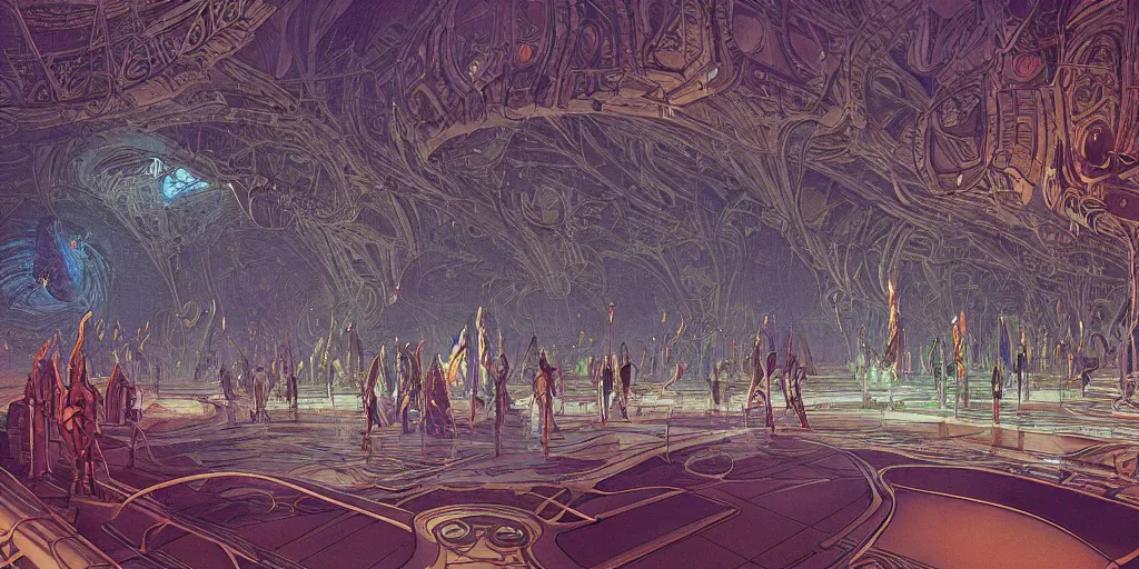 Image similar to a cinematic shot of the interior of a sci - fi space station with ornate elven architecture bustling with people by jean giraud moebius, crystalline, emerald, matte illustration by moebius