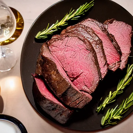 Image similar to perfect beautiful wine beef roast served in michelin star restaurant, bokeh, captured on canon eos r 6