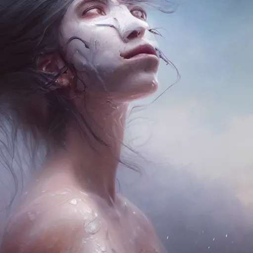 Prompt: epic portrait an woman with a skull face, wet flowing hair, sweaty skin, broad light, ambient occlusion, volumetric light effect, made by ivan aivazovsky, peter mohrbacher, greg rutkowski, hyperrealistic, hyperdetailed, matte painting, trending on artstation, 8 k, perfectly defined features, digital painting,