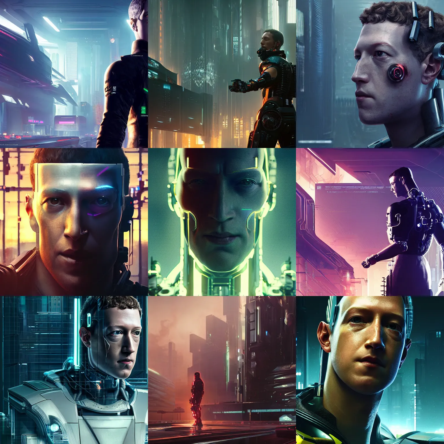 Prompt: imposing, ominous portrait of cyborg Mark Zuckerberg as a cyberpunk 2077 loading screen, symmetry, front view, intricate, studio, art by anthony macbain + greg rutkowski + alphonse mucha, concept art, 4k, sharp focus