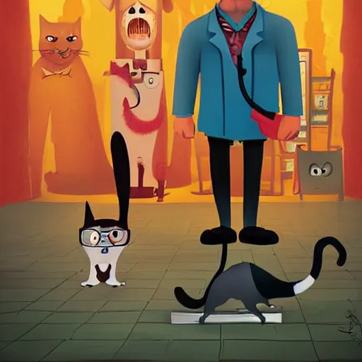 Image similar to Mr Cat and doctor dog, Terror movie poster, artwork by Cory Loftis