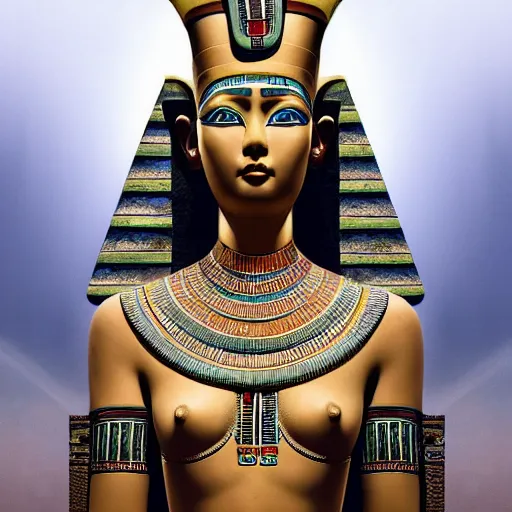 Prompt: A digital masterpiece illustration concept art of giant porcelain statue of a very beautiful Ancient egyptian princess its top in the heaven, beautiful eyes, symmetrical face, symmetrical body, taiga landscape + inspired art by mark brooks, peter kemp + Extremely detailed and intricate complexity + epic composition, magical atmosphere, cinematic lighting + wide long shot, wide angle + trending on artstation + 8k