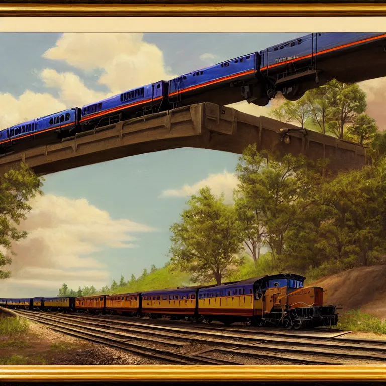 Image similar to a painting of a train going down the tracks, a matte painting by John Matson, deviantart, american scene painting, matte drawing, matte painting, storybook illustration