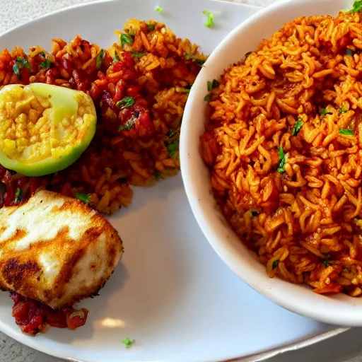 Prompt: jollof rice with fried haloumi cheese on the side