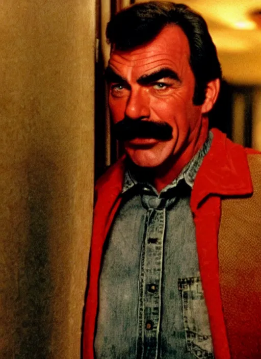 Image similar to film still of tom selleck as johnny in the shining, 4 k