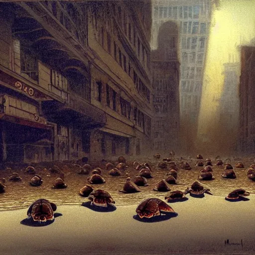 Image similar to turtles in burning fiat city, by Michael Sowa