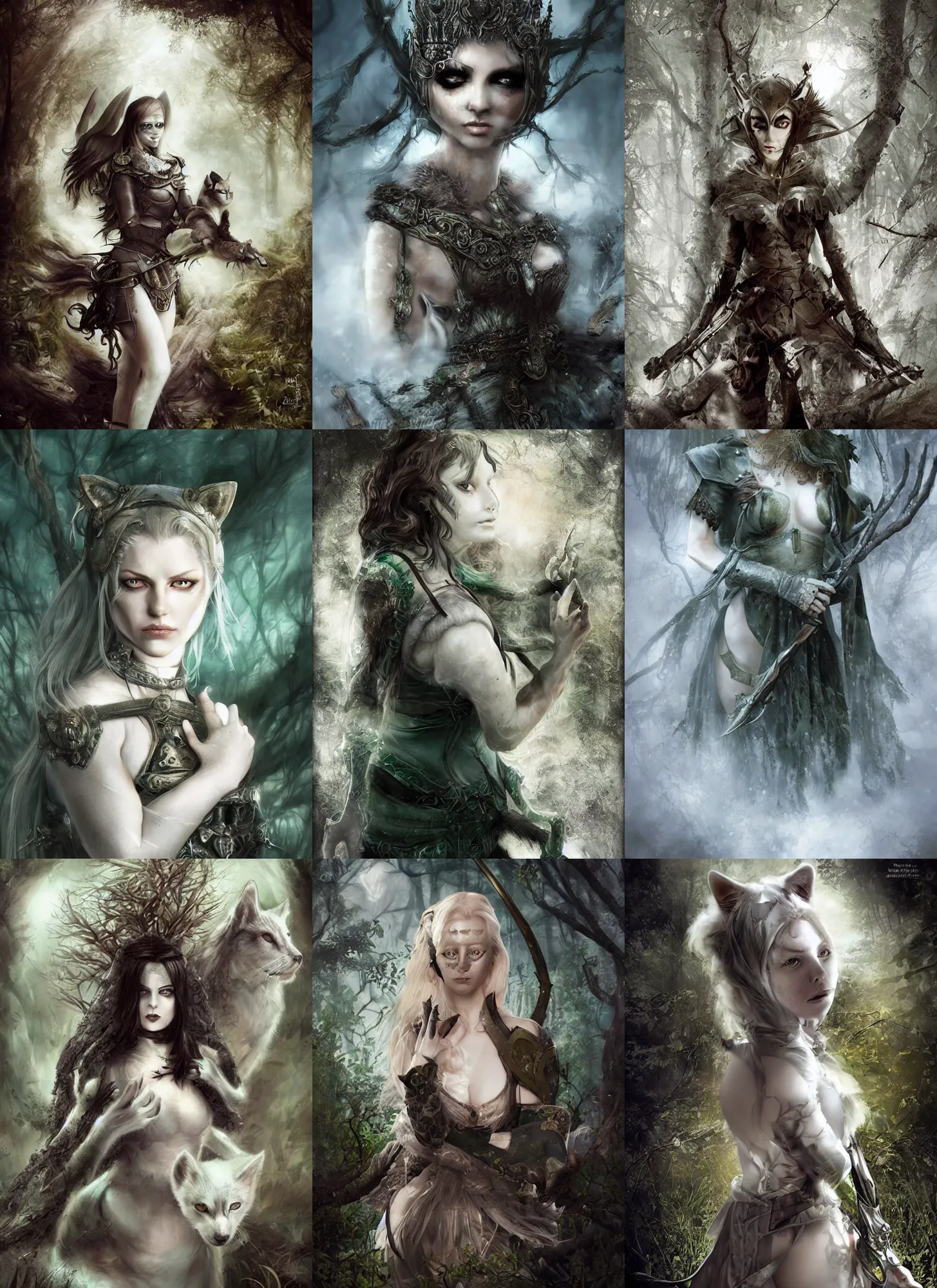 Prompt: medieval female warrior, green eyes, dark forbidden forest, wolves, white cat, coherent composition by Lecouffe-Deharme, by Natalie Shau, by Kawacy