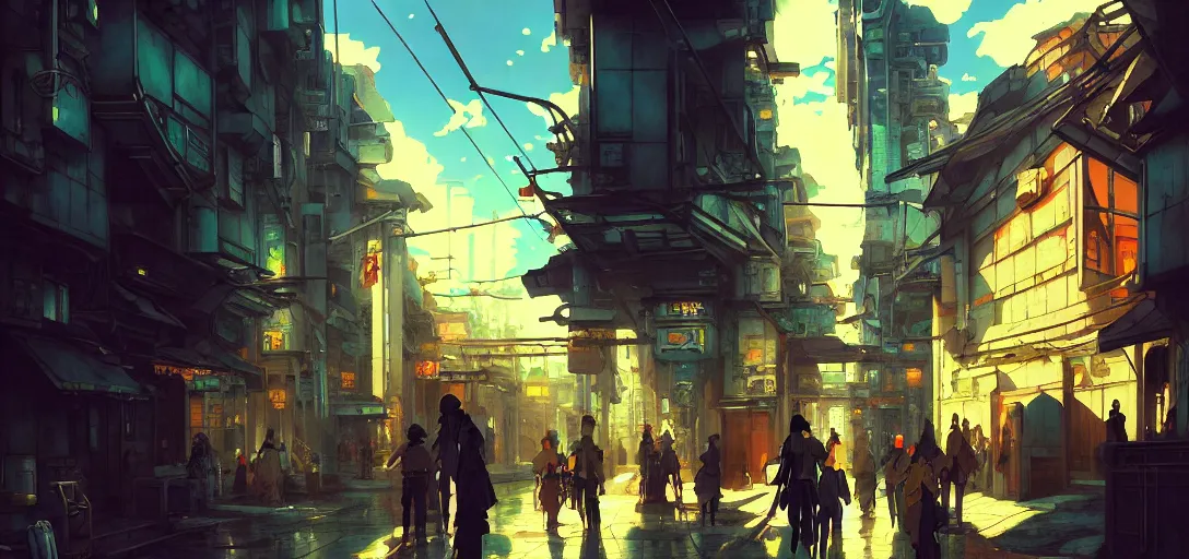 Image similar to baroque oil painting of anime key visual environment concept art of a cyberpunk city, brutalist, dark fantasy, rule of thirds, digital cel shading, fake hidden detail, trending on pixiv fanbox, acrylic palette knife and brush, style of makoto shinkai studio ghibli jamie wyeth james gilleard greg rutkowski