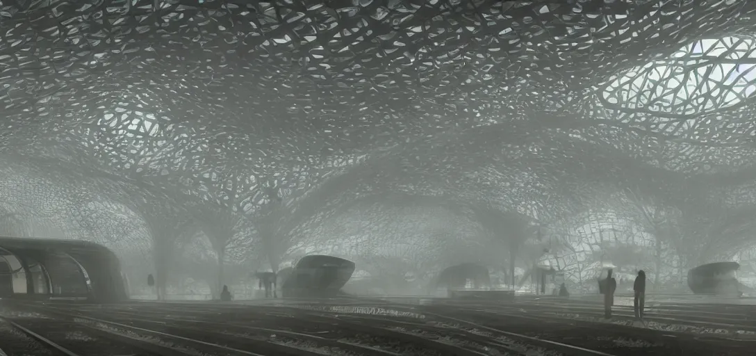 Image similar to a complex organic fractal 3 d metallic symbiotic ceramic duck shaped megastructure in a train station, foggy, sun rays, cinematic shot, photo still from movie by denis villeneuve, wayne barlowe