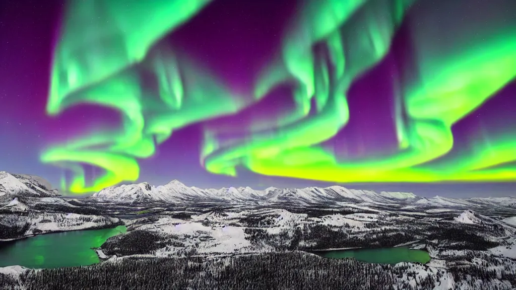 Prompt: ignis fatuus, aurora borealis, mountains in the distance, multiple moons, future city