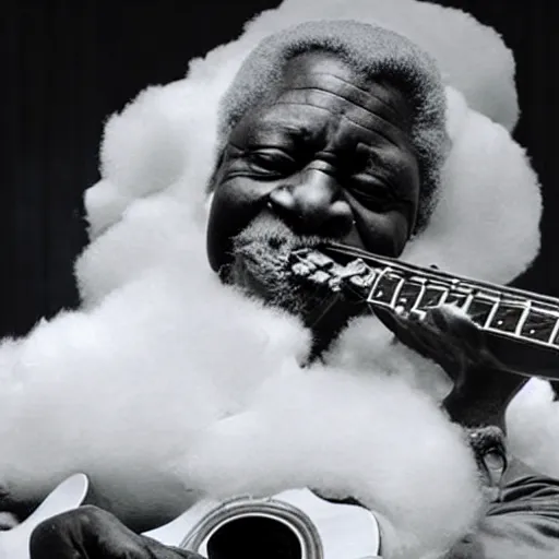 Image similar to b. b king, sitting in a fluffy cloud, playing an electric semi - hollow guitar. beautiful realistic sculpture, dramatic, moody