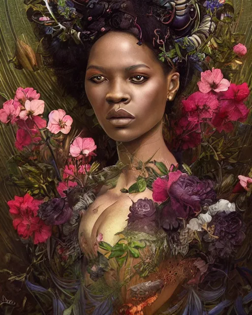 Image similar to portrait of the african queen of the underworld, surrounded by flowers by karol bak, james jean, tom bagshaw, rococo, sharp focus, trending on artstation, cinematic lighting, hyper realism, octane render, 8 k, hyper detailed.