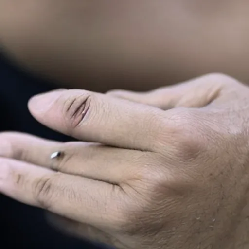 Prompt: a normal male hand with a five-finger ring and a cigarette between the middle and index fingers