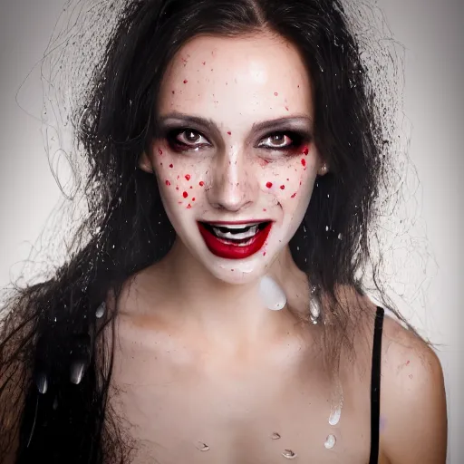 Image similar to professional headshot of an elegant female vampire smiling with droplets of blood splattered across her face. high resolution, realistic, professional lighting, nikon camera, 8 k, imdb. com