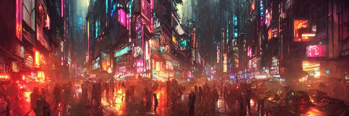 Image similar to overly crowded street of a cyberpunk city, rain, harsh neon lights, highly detailed, digital painting, trending on artstation, concept art, sharp focus, illustration, art by artgerm and greg rutkowski and magali villeneuve